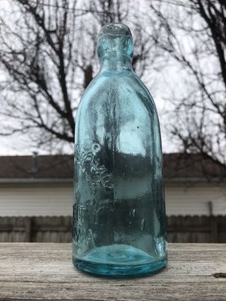 CHARLES CITY,  Iowa ROBERT SCHULZE rare teal Blob Top Soda Bottle 1870s 2