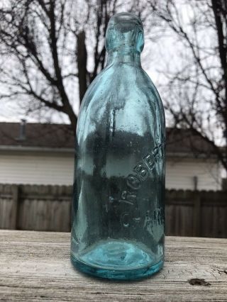 CHARLES CITY,  Iowa ROBERT SCHULZE rare teal Blob Top Soda Bottle 1870s 6