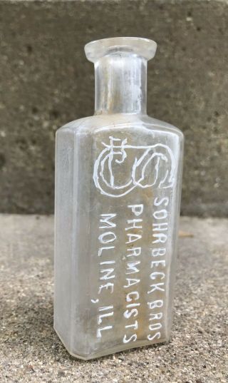 Moline,  Illinois 1890’s Druggist Bottle Sohrbeck Bro’s Pharmacists Embossed