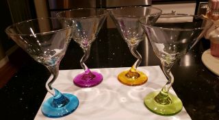 Set Of 4 Libbey Bent Stem Martini Glasses Colored Stems Zig Zag