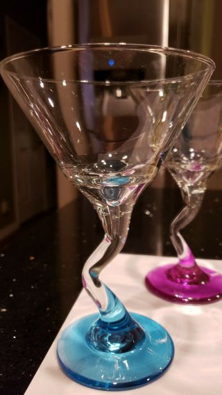 Set of 4 Libbey Bent Stem Martini Glasses Colored Stems Zig Zag 2