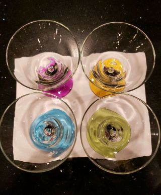 Set of 4 Libbey Bent Stem Martini Glasses Colored Stems Zig Zag 3