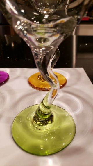 Set of 4 Libbey Bent Stem Martini Glasses Colored Stems Zig Zag 4