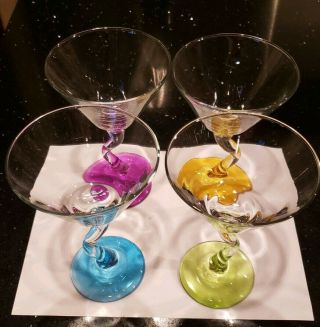 Set of 4 Libbey Bent Stem Martini Glasses Colored Stems Zig Zag 5