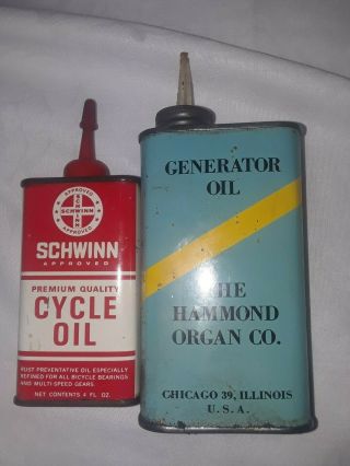 Vtg.  4 Oilers Tins Schwin Cycle Oil - Bux DRI Slide - Generator Oil,  Hammond Organ Co 3