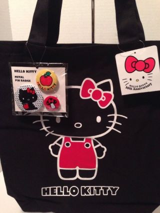 Sanrio Hello Kitty 35th Anniversary Black Canvas Tote Bag W/ 4 Bonus Pins Nwt