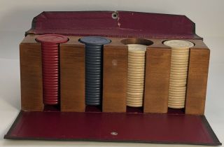 Set Of 96 Vintage Clay Poker Chips Red White Blue Jockey Case