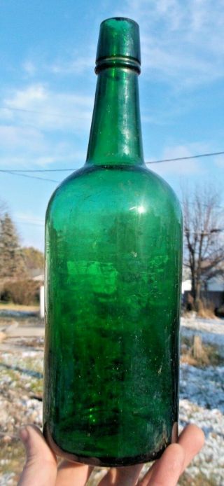 Dark Emerald Green Colored Cylinder Whiskey Bottle Pre Pro Hand Blown 1890s