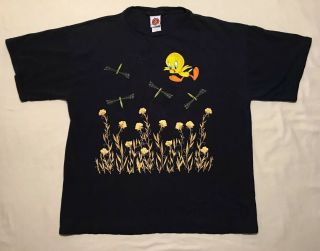 Vintage 1997 Looney Tunes Tweety Bird Flowers Dragonfly 90s T Shirt Size Xl