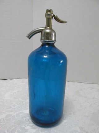 Aqua Blue Glass Siphon Seltzer Bottle Mar - Mit Beverage Phila Pa Antique 26 Fl Oz