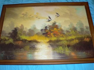 Vintage Oil Painting R Burton Geese Or Ducks Birds Nature Large