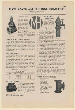 1942 M&h Valve And Fittings Co Anniston Al Gate Valves Fire Hydrant Print Ad