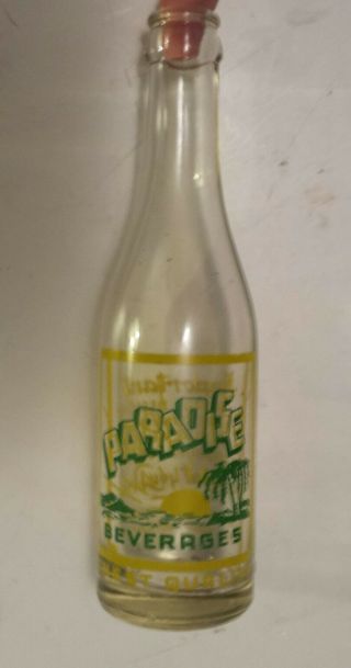 Rare Canadian (montreal) " Paradise Beverages " 8 Oz Clear Bottle - Green/yellow Acl