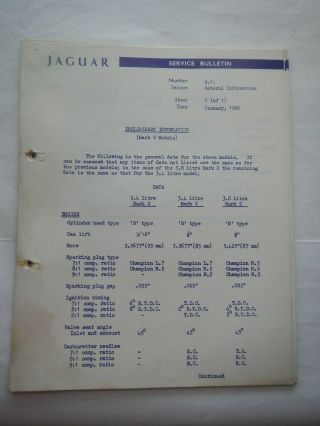 Jaguar Service Bulletin Sheets 1960 - 1963
