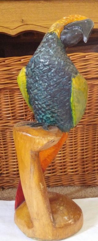 Wood Parrot Bird Statue Hand Carved Handpainted 16.  5 " Tall Tropical Home Decor