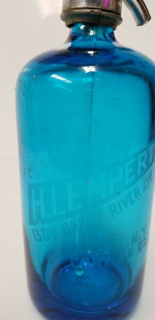 Vintage Seltzer Bottle H Lempert Bronx River Ave NY Blue 2