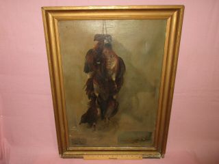 Antique 19th C Oil Painting Hunting Dogs Game Birds Trompe L 