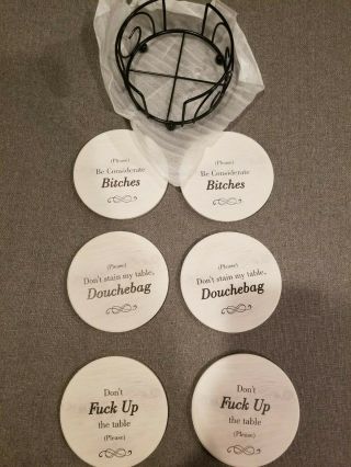 Funny Coasters Set Of 6 Drink Coasters Grey Wood With Holder