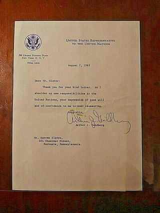 Arthur J Goldberg Als Signed Letter 1965 Ambassador To Un,  Associate Sc Justice