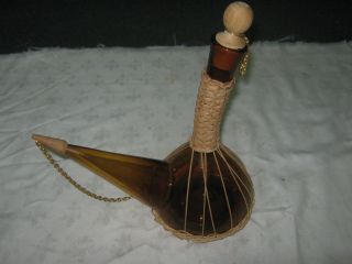 Vintage Retro Spanish Amber Glass Wine Decanter With Cane Cage And Wood Stoppers