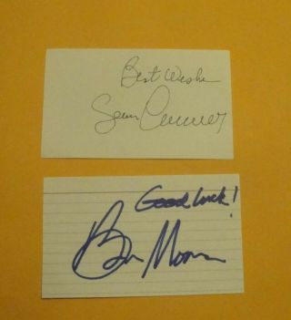 Roger Moore Signed & Sean Connery Signed Index Card Autographs - James Bond