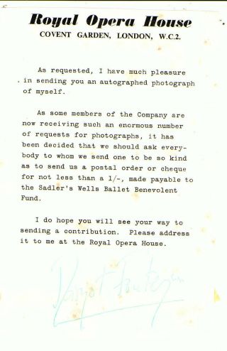 Margot Fonteyn English Ballerina Signed Royal Opera House Letter