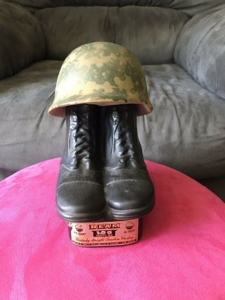 Vintage 1975 Jim Beam Army Camo Helmet And Combat Boots Whiskey Bottle Decanter