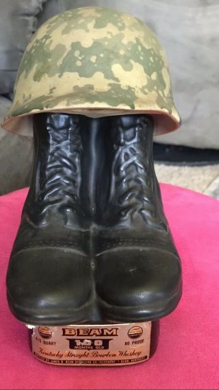 VINTAGE 1975 JIM BEAM ARMY CAMO HELMET AND COMBAT BOOTS WHISKEY BOTTLE DECANTER 7