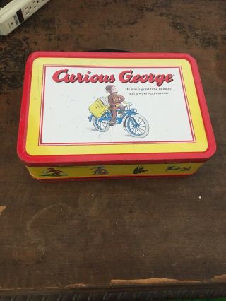 1999 Frankford Candy& Choc Curious George Metal Popcorn 13 " Jumbo Tin Lunch Box