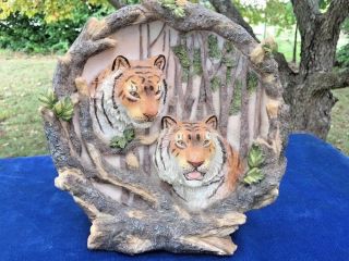 Vintage 2 Bengal Tigers In The Jungle Plate Design Statue Stands Up ❤️