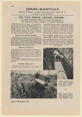 1942 Johns - Manville Transite Asbestos Cement Sewer Pipe Installation Print Ad