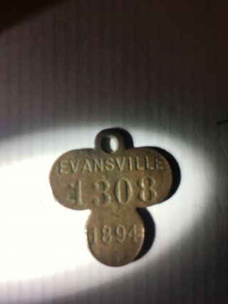 1894 Evansville Dog Tag,  Dog Tax Tag,  1308 Brass Clover Leaf