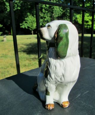 Vintage English Staffordshire Spaniel Dog Figurine White w Green & Gold Lustre 4