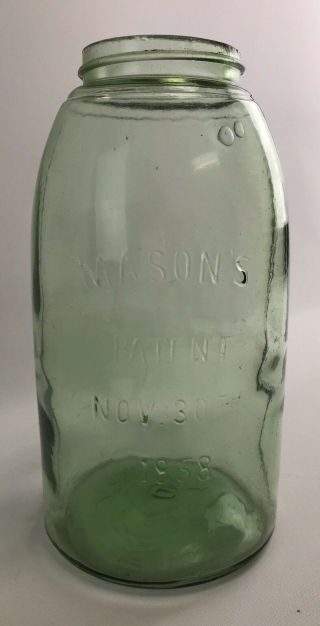 Antique 9” Tall Green Mason Canning / Fruit Jar Patent Nov.  30th 1858
