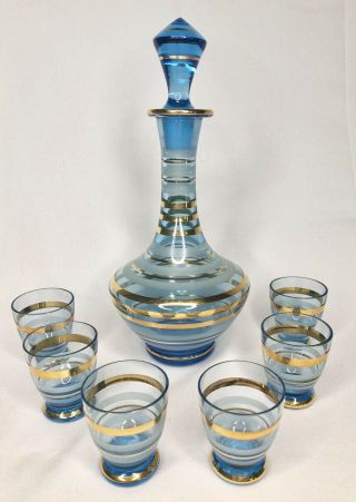 Vintage Mid Century Glass Liquor Decanter Cordial Set Blue With Gold Stripes