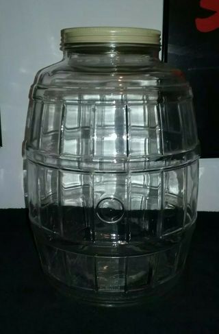 Large Vtg Pickle Jar Glass Barrel Shaped Container Pretzels Five & Dime Store