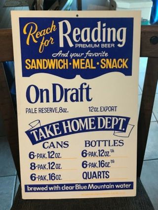 Vintage Reading Beer - Brewing Co Cardboard Advertising Sign Reading Pa