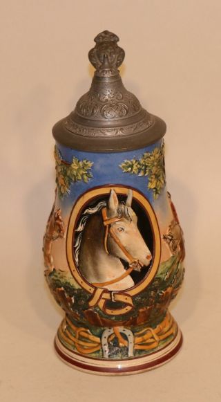 Gesetzlich Geschutzt German Pottery Lidded Beer Stein Horse Riders 1542
