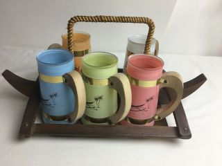 Vintage Set Of 5 Pastel Siesta Ware Glass Barrel Mugs With Boat Nautical Tray