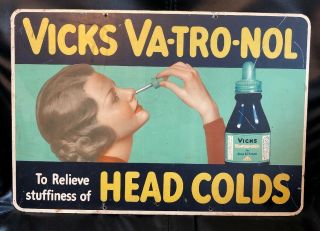 Vintage 1930s Vicks Metal Advertising Sign Vaporub Va - Tro - Nol