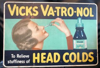 Vintage 1930s Vicks metal advertising sign Vaporub Va - tro - nol 2
