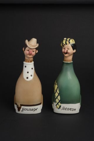 2 Vintage Ceramic Music Box Decanters For Bourbon And Scotch