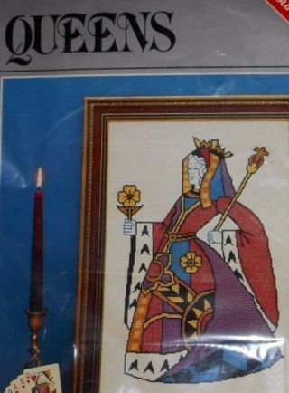 Vtg Counted Cross Stitch Kit - Queens Poker Card,  Queen Playing Card -