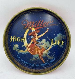 Vtg Miller High Life Beer Girl On The Moon Metal Tin Tray Red Rustic