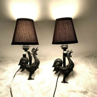 Vintage Pair Rooster Wall Lamps With Shades Black Wrought Iron Corded Farmhouse