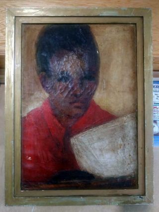 Antique Old Black Man Boy Portrait Oil Painting American Americana Art By Alpers