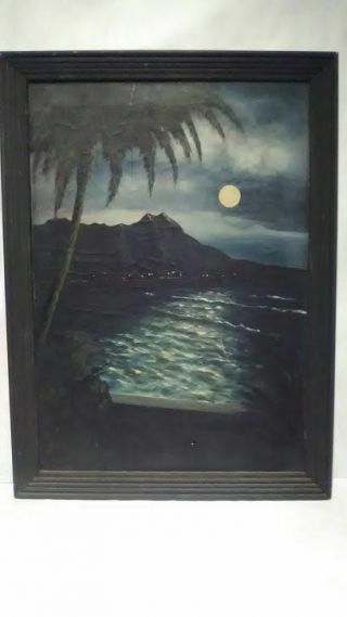 1920s Painting Diamond Head Waikiki Night Scene From Royal Hawaiian