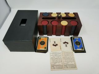 Antique Poker Set Chips 200 Clay Ship Wood Carrier Box Holder & Antique Cards