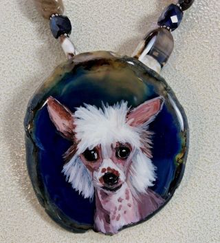 Chinese Crested Handpainted Dog On Agate On A Jasper Necklace Removable Pin