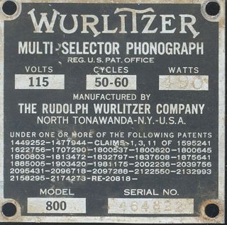 1940 Wurlitzer 800 464822 Serial Number Identification Plate Or Tag